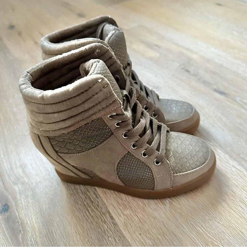 Call It Spring Taupe Tan Faux Suede Booties Hidden Wedge Hidden Heel - US 7